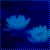 Two light blue pixelated shapes resembling stylized flowers float against a dark blue background with a blue border.