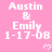 Pink background with repeated white text "Austin & Emily 1-17-08" and small heart symbols, partially cropped at bottom right.
