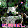 Pixelated image of two figures in a romantic pose with a pink heart above them and pink text at the bottom.