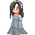 Pixelated character in blue gown with green hair accessories, shown from three angles: front-facing, side view, and downward gaze.