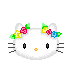 Pixelated white cat face with black eyes, orange nose, and whiskers wearing a flower crown of yellow, pink, blue flowers with green leaves on gray background.
