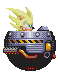 Pixel art of a character with spiky yellow hair and green eyes inside a mechanical device, showing two