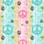 A static patterned design with alternating vertical stripes of light blue, beige, and pink featuring peace symbols and small green dots.