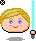 Pixelated character with blonde hair and blue eyes holding a light-blue lightsaber, displayed in four variations showing subtle facial differences.