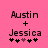 Pixelated text 'Austin + Jessica' with five asterisks below on pink background, two versions differ in fourth asterisk color.