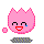 Pixelated pink character with rounded ears, black curved eyes, red mouth, and blue teardrop on right cheek; two small pink squares float left and center-right.