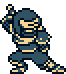 Pixel art character in blue and yellow striped outfit performing sequential martial arts poses against gray background.