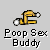 Pixelated yellow and white icon of a bent figure with a rounded head, positioned above text reading "Poop Sex Buddy" on a gray background.