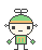 Pixel art character with green cap, orange band, and green shirt featuring orange 'm' symbol, shown in two poses against gray background.