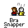Animated contact sheet of a pixel art buddy icon showing two characters interacting with musical notes and text "Bra Snapper" across multiple frames.