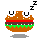 Pixelated burger character with eyes and a mouth, showing four distinct states: sleeping (zzz), holding blue bubble, exploding, and neutral.