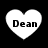 Four white heart-shaped icons with black text "Dean" on a black background, arranged in two of two