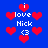 Blue background with red pixelated hearts and white text reading 'i love Nick <3' in multiple arrangements.