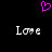 A black background displays a pink pixelated heart above two white 'Love' text instances with grayed-out middle letters.