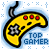 Yellow game controller with red buttons and gray directional pad, blue 'TOP GAMER' text on light blue background with white snowflake patterns.