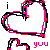 Animated sequence of heart-shaped icons with pink outlines and black borders, displaying text variations like 'i love you' in red and white pixelated letters.