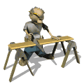 Animated contact sheet of a cartoon character sawing wood across eight frames with consistent pose and motion on a white background.