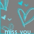 A static pixelated image with a gray background featuring multiple cyan heart shapes and the text "miss you" at the bottom.