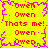 Yellow background with purple jagged border, red text repeating 'Owen' and 'Thats me!', and a central purple starburst effect.