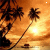 Silhouetted palm trees against a warm orange sunset sky with a bright sun, reflected on water below.