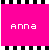 Two side-by-side animated frames of a pink square icon with black-and-white striped borders and the name "anna" in pixelated text, one frame showing white text on pink background and the other showing black text on pink background.