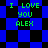 Green text "I LOVE YOU ALEX" on blue and black checkered background with animated diamond pattern transitions.