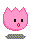 Pink pixelated cat-like avatar with black square eyes and red mouth, standing on checkered base against gray background.