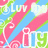 Pixelated icon with diagonal pink stripes on blue background, featuring green and white text elements including 'Luv' and 'iLy', plus heart symbols.