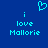 Blue background with cyan pixelated text reading "i love Mallorie" and a cyan heart symbol above the text.