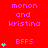 Red background with repeated pink text "monon and kristina" and cyan "BFFS" text with cyan plus symbols, some plus symbols animate vertically.