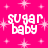 A static contact sheet of three identical animated frames showing a bright pink background with white pixelated text "sugar baby" and scattered light pink starbursts.