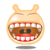 Pixelated cartoon character with light brown rounded head, two small ears, closed eyes, and wide open mouth showing red-and-white checkered teeth.