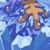 Pixelated static image of a yellow stick figure running against a blue gradient background with white highlights.