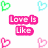 Pixelated pink text phrases surrounded by colored heart icons on a white background with partial gray overlay.