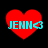 Four red heart shapes with cyan text 'JENN' and a small cyan arrow symbol, arranged in two on black background