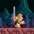 Pixelated figure with orange hair holds a silver sword, standing on a pinkish ground against a dark blue and teal background.