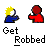 Animated pixel art of two figures: one with yellow hair in blue clothing, the other with red hair in red clothing, interacting with text and speech bubbles.