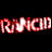 Pixelated red and white text logo on black background with visible dithering and color bleeding effects.