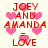 Pixelated red text and pink hearts on a light background, repeating 'JOEY AND AMANDA = LOVE' in multiple with heart symbols