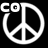 Black background with three white peace symbols; top-left symbol has "CO" text, top-right has "EX" text, bottom-left has "IST" text.