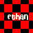 Red and black checkered background with four instances of the text 'ethan' in white pixelated font across different layouts