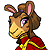 Pixelated character with brown fur, pink inner ears, purple eyes, and a red outfit with yellow accents viewed in profile.