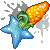 Pixelated blue star with white dots attached to green stalk and orange-yellow corn cob with white kernels, emitting gray smoke on gray background.