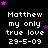 Pixelated text reads "Matthew my only true love 29-5-09" on black background with pink and purple stars, animated
