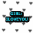 Pixelated text messages in cyan and black on white background with small gray hearts, showing 'GIRL: ILOVEYOU', 'BOY: ILOVEYOU MORE', and 'I WANNA BE LIKE THEM <33'