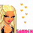 Pixel art of a blonde woman with long hair, wearing a black and white polka-dot top, against a dotted background with colored symbols.