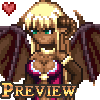 Pixel art character with blonde hair, green eyes, and brown skin wears a pink top with white trim; dark wings extend from back; red heart icon in upper left corner.