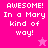 Pixelated text on pink backgrounds with star symbols, displaying 'AWESOME! In a Mary kind of way!' in white block letters.