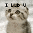 Pixelated image of a light brown cat with darker patches, raised paws, and text above reading "I LUB U" in blocky black letters.