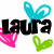 Animated icon with 'Laura' text in black and brown, pink hearts below, blue bunny ears above, green leaf shapes at bottom right.